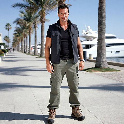 Photograph of a muscular man with short black hair, wearing a black vest, black shirt, olive pants, and brown boots, standing on a sunny