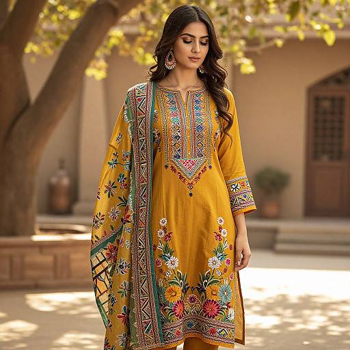 Photograph of an Indian woman with long black hair in a vibrant yellow embroidered traditional kurti, standing outdoors under yellow-leaved trees.