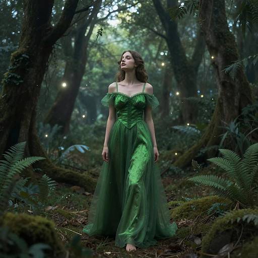 Photograph of a fair-skinned woman in a flowing, green, off-shoulder dress, standing in a misty, enchanted forest with glowing