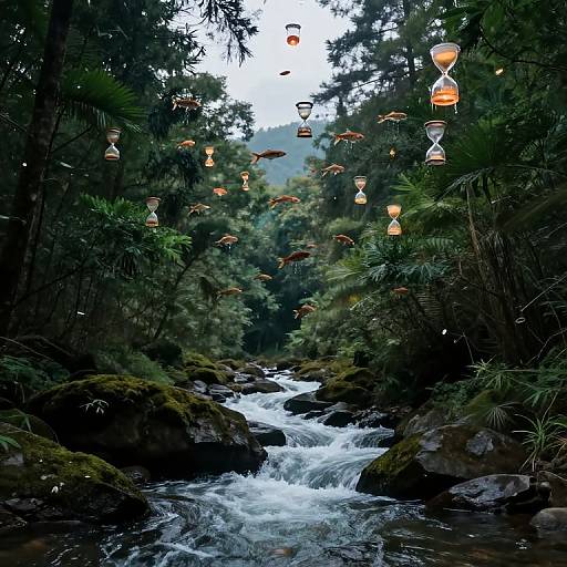 Surreal Forest River with Floating Lantern Fish and Melting Hourglasses