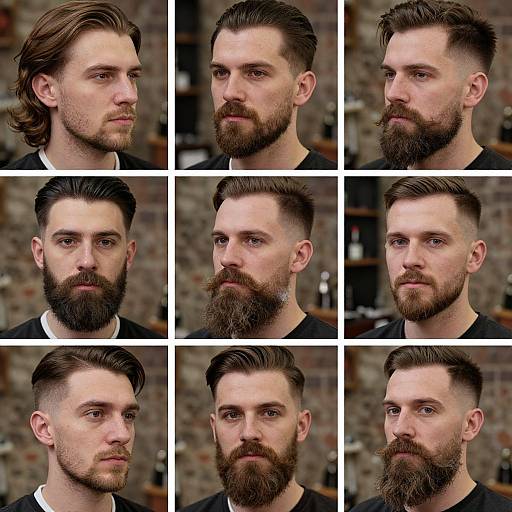 Photographic collage of a bearded Caucasian man with various hairstyles and beard styles, shown from front and three-quarter views. Background: blurred brick wall.