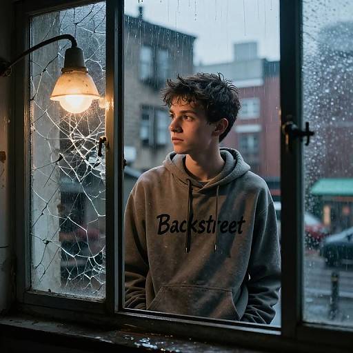 Photograph of a young man with tousled hair, wearing a gray 