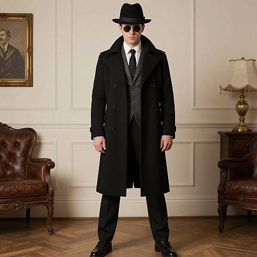 Photograph of a man in a black long coat, fedora, and sunglasses, standing in an elegant, vintage room with wooden furniture and a framed
