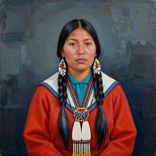 Photographic-style painting of a young Indigenous woman with long black braids, wearing a red traditional top, blue shirt, and colorful feathered earrings,