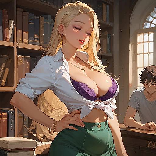 Blonde Woman in Library with Tied Shirt and Purple Bra