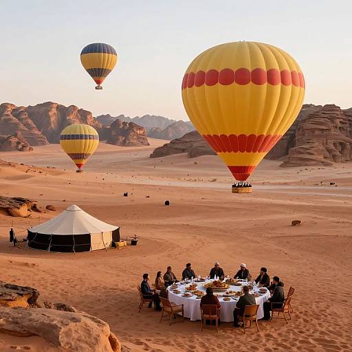 Photograph of a desert campsite with a white tent, round dining table, and six people seated, surrounded by three hot air balloons, rocky hills