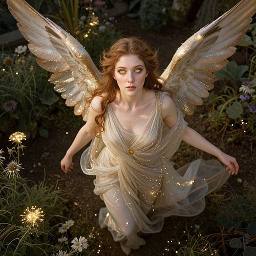 Digital art of a fair-skinned, red-haired angelic woman with shimmering gold wings, wearing a flowing, sparkling white dress, flying over a