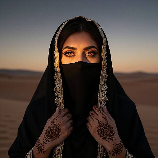 Photograph of a woman with dark brown eyes, wearing a black hijab with gold trim, black face mask, and henna-covered hands, against