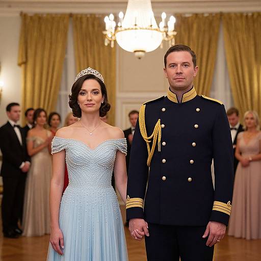Photograph of a bride in a sparkling, off-shoulder blue gown and tiara, standing beside a groom in a black military uniform with gold