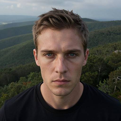 Photograph of a serious-looking young man with short brown hair, blue eyes, and light stubble, wearing a black shirt, set against a backdrop