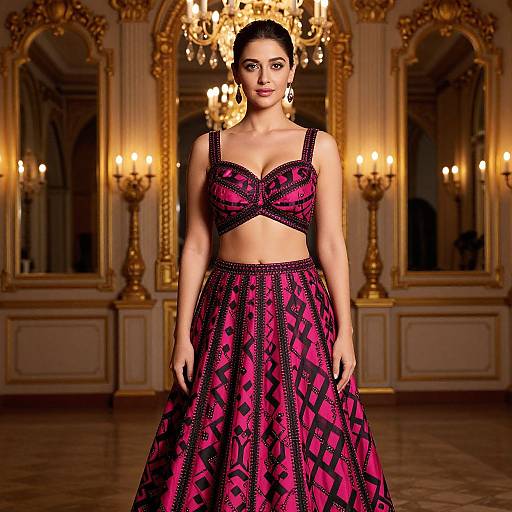 Photograph of a confident woman in a bold pink and black geometric-patterned outfit, standing in an ornate, golden chandelier-lit room.