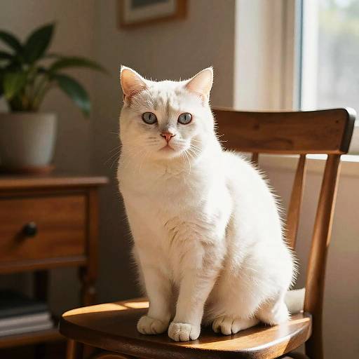 Photograph of a white cat with blue eyes sitting on a wooden chair, bathed in sunlight, in a cozy room with a potted plant and