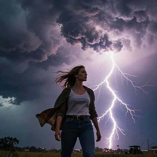 Photograph of a woman with long brown hair, white tank top, and blue jeans, standing in a lightning-filled stormy sky. Dark clouds,
