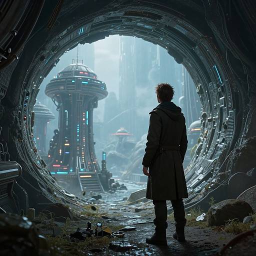 Digital art: Silhouetted figure in long coat stands in dark tunnel, gazing at futuristic cityscape with glowing, cylindrical skyscrapers.