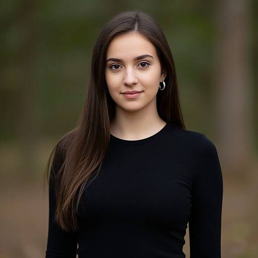 Photograph of a young woman with long, straight brown hair, wearing a black long-sleeve top, standing in a blurred forest background, smiling