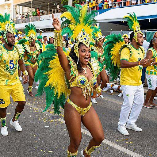 Photograph of vibrant Carnival parade featuring a dark-skinned woman in yellow and green feathered headdress and bikini, dancing energetically with Brazilian flag