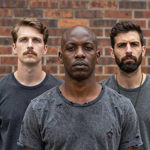 Three Intense Men Against Brick Wall