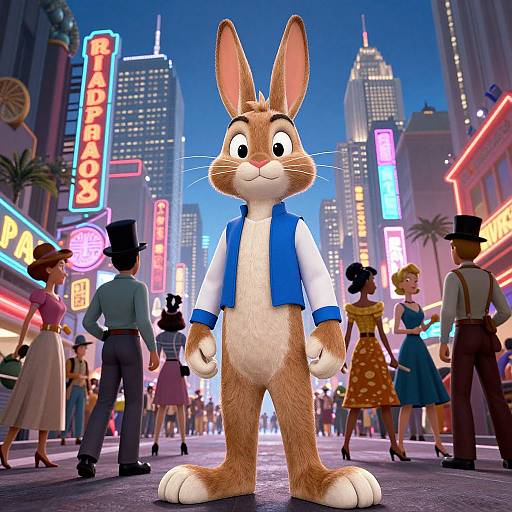 CGI image of a tall, anthropomorphic brown rabbit in a blue vest, standing in a neon-lit 1940s-style city street with