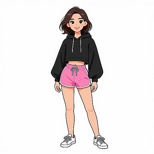 Digital anime-style drawing of a young woman with medium-length brown hair, wearing a black hoodie, pink shorts, and white sneakers.