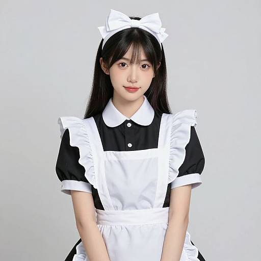 Photograph of an Asian woman with long black hair, wearing a traditional black and white French maid outfit, white bow headband, smiling, standing against