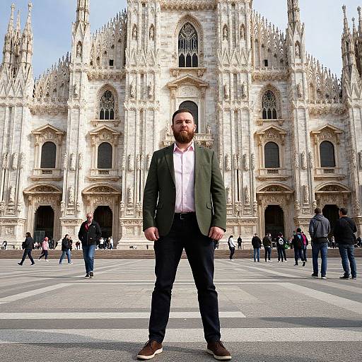 Photograph of a bearded man in a green blazer, white shirt, and black pants standing confidently in front of a grand Gothic cathedral with numerous