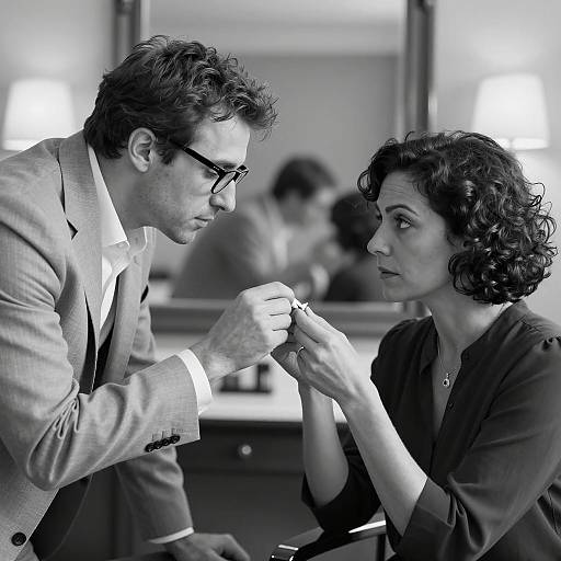 Man and Woman Examining Document in Black and White