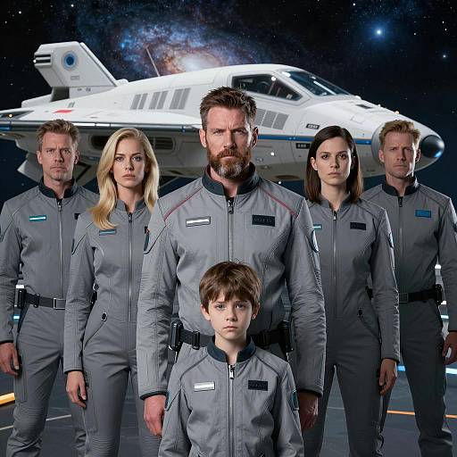 Futuristic Crew Before Spaceship in Space