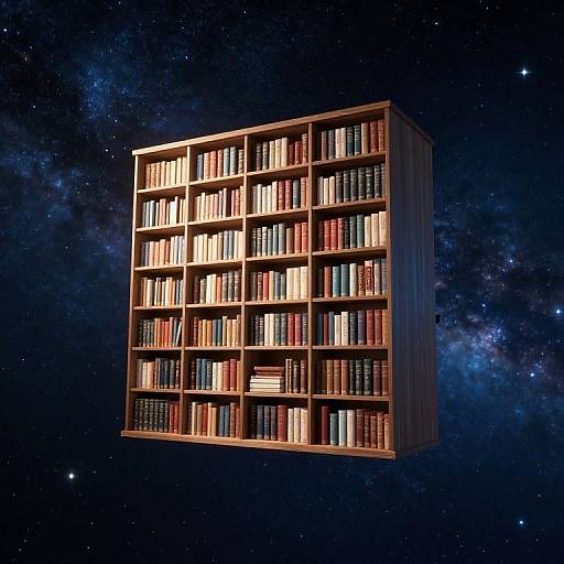 Floating wooden bookshelf filled with colorful books against a starry, cosmic background, creating a surreal, outer-space library scene.