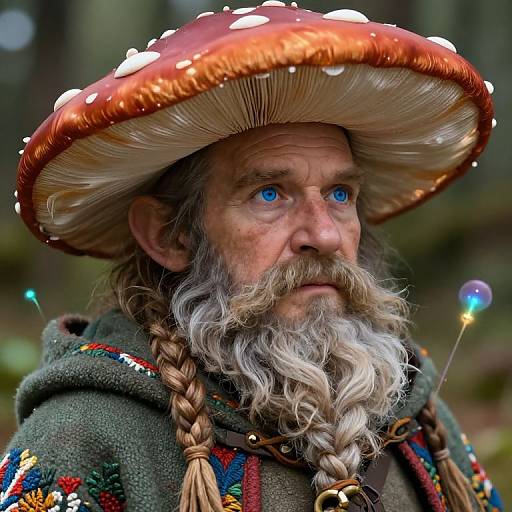 Photograph of an elderly man with blue eyes, white beard, and braided hair, wearing a large, red-splattered mushroom hat and colorful