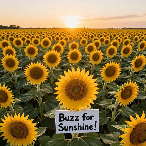 Photograph of a vast sunflower field at sunset, with a white sign in the foreground reading 