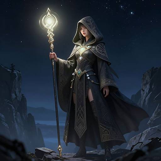 Digital fantasy artwork of a hooded, dark-robed sorceress holding a glowing, ornate staff under a starry night sky, standing on
