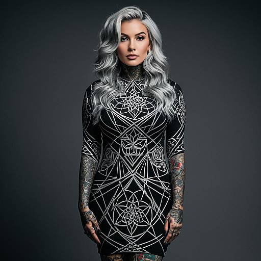 Tattooed Woman with Silver Hair in Geometric Dress