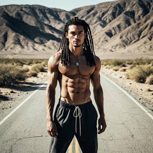 Shirtless Muscular Man with Dreadlocks in Desert Roadside