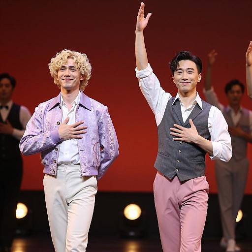 Two Men Dancing on Stage with Raised Arms