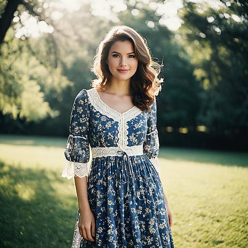 Young Woman in Vintage Floral Dress Outdoors