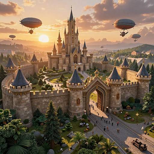 CGI fantasy image of a grand castle with blue-roofed towers, surrounded by lush greenery, at sunset; hot air balloons float above,