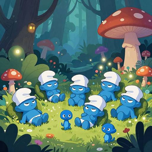 Digital illustration of blue, mushroom-headed creatures with white hats sitting in a glowing, enchanted forest with red mushrooms and fireflies.