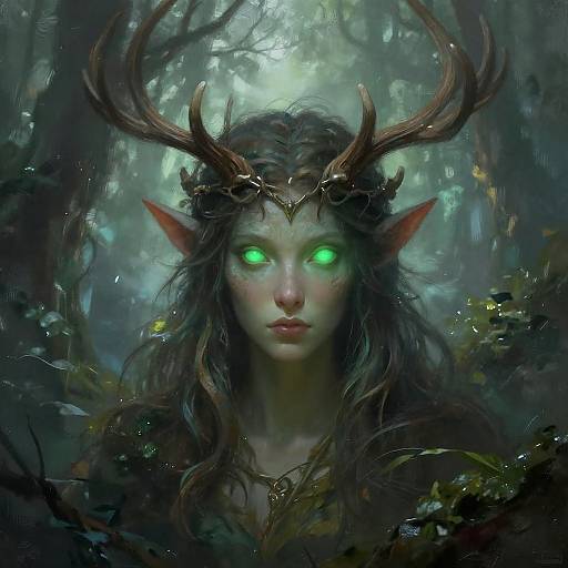 Digital fantasy artwork of a glowing green-eyed elf with dark hair, large antlers, pointed ears, and mysterious forest background.