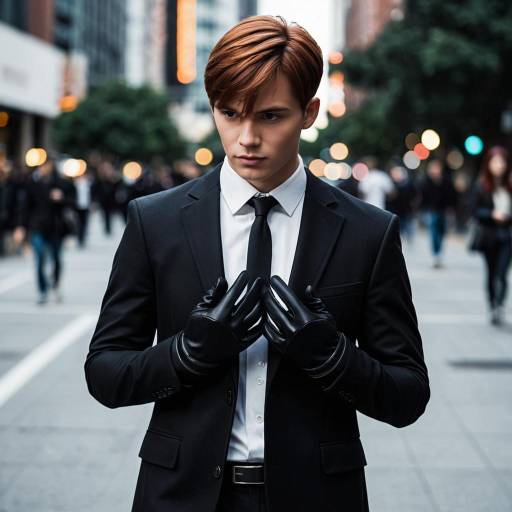 Young Man in Stylish Dark Suit with Gloves in Urban Setting