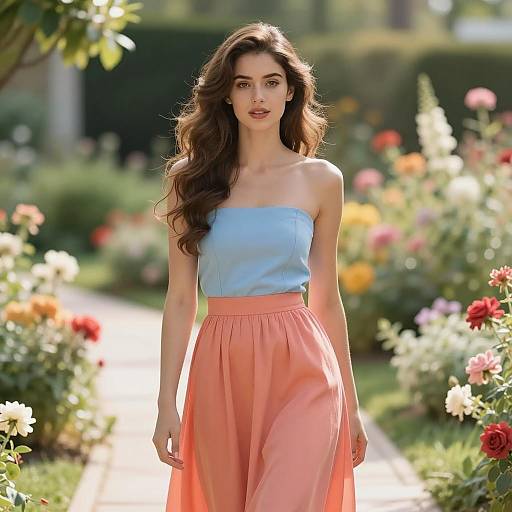 Elegant Woman in Coral and Blue Dress in Garden