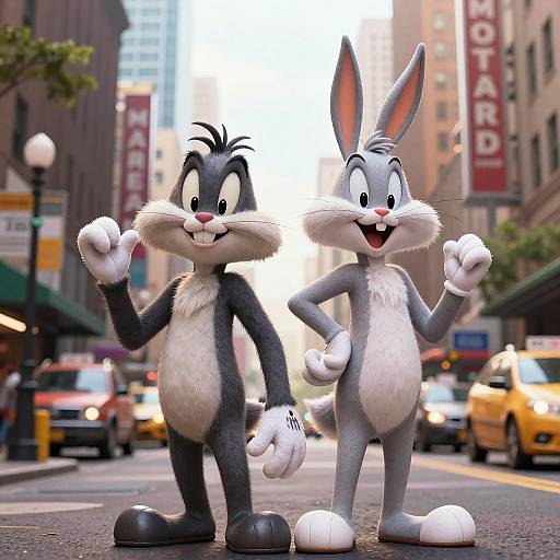 Photorealistic CGI of Bugs Bunny and another gray rabbit standing on a busy city street, both smiling and waving with white gloves. Yellow taxis and 