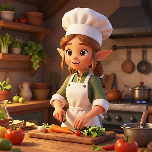 CGI image of a cute, elf-like girl with brown hair, wearing a white chef hat and green apron, chopping carrots in a cozy,