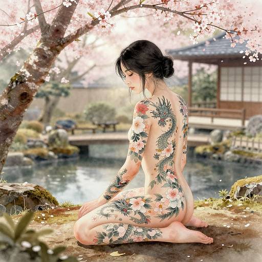 Serene Tatuado Woman in Japanese Garden