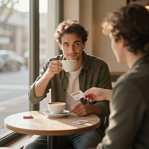 Photograph of two men in a sunlit café, one with curly brown hair holding a white coffee cup, the other extending a credit card, seated