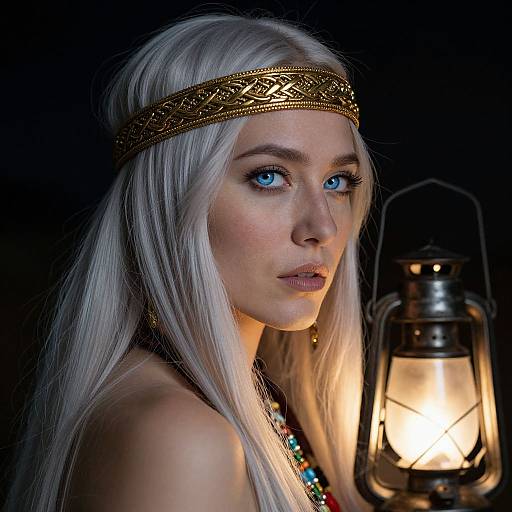 Photograph of a fair-skinned woman with long white hair, blue eyes, gold headband, and necklace, illuminated by a vintage lantern.