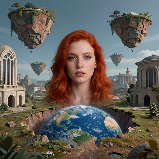Digital artwork of a red-haired woman with fair skin, centered between a floating Earth and floating islands, with futuristic, arched buildings in the background.