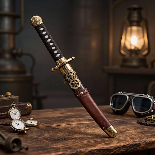 Photograph of a detailed, ornate katana with gold accents and black diamond-patterned grip, leaning on a wooden table with vintage clock, goggles