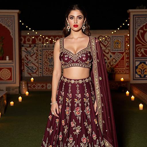 Photograph of a woman with dark hair, red lipstick, wearing a maroon floral embroidered traditional Indian outfit, standing in a dimly lit, decorated