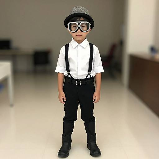 Photograph of a young boy in a white shirt, black suspenders, black pants, black boots, and a gray hat with large goggles, standing