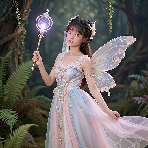 Photograph of an Asian woman in a fairy costume with iridescent wings, holding a glowing wand, standing in a lush, enchanted forest.